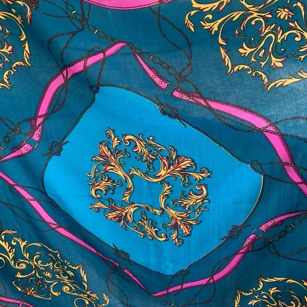 Equestrian Baroque Print Oversized Square Scarf Teal Blue Pink Belt Chain Tassel